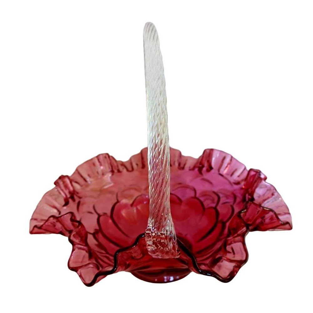 Vintage Fenton Handblown Glass Cranberry Basket Clear Handle Signed Ruffled 9" x